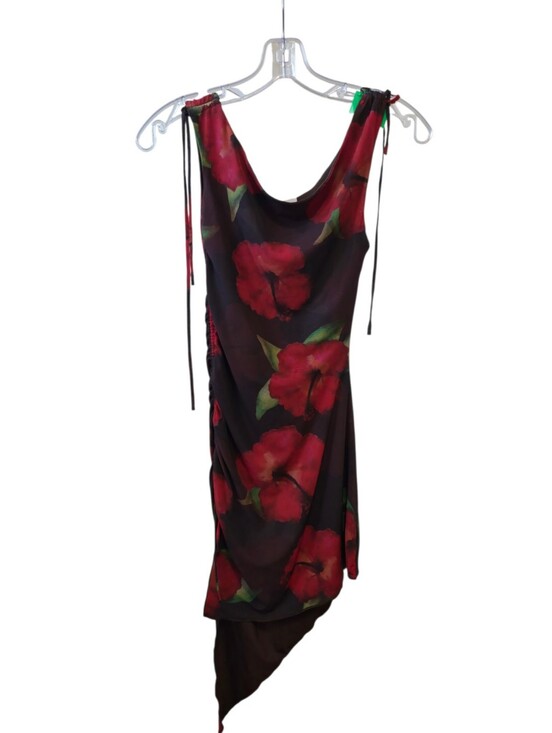 Princess Polly Dresses & Skirts - Princess Polly Floral Ruched Asymmetrical Midi Dress Brown Red Mesh Size 2